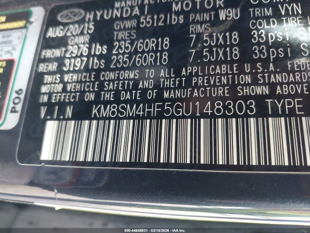 KM8SM4HF5GU148303 Hyundai Santa Fe Se