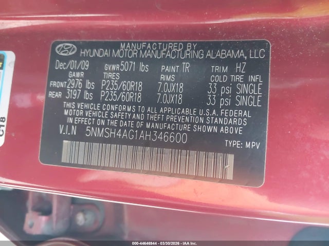 44646944 :رقم المزاد ، 5NMSH4AG1AH346600 vin ، 2010 Hyundai Santa Fe Se مزاد بيع