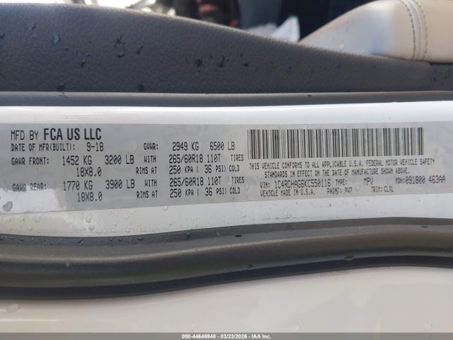 Продаж на аукціоні авто 2019 Dodge Durango Sxt Plus Rwd, vin: 1C4RDHAG6KC550116, номер лоту: 44646948