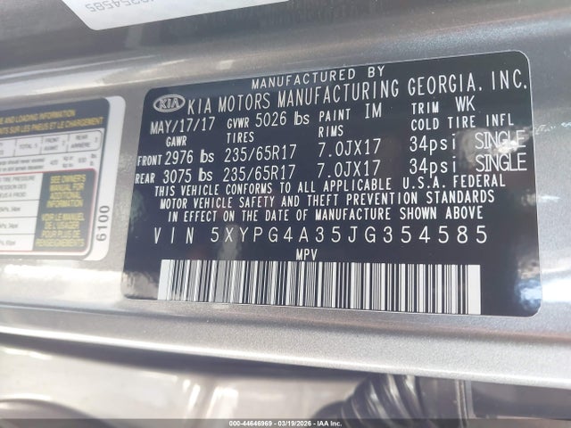 Aukcja sprzedaży 2018 Kia Sorento 2.4l Lx, vin: 5XYPG4A35JG354585, numer aukcji: 44646969
