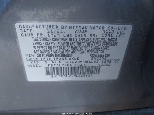 3N1CP5BV1ML564539 Nissan Kicks S Xtronic Cvt