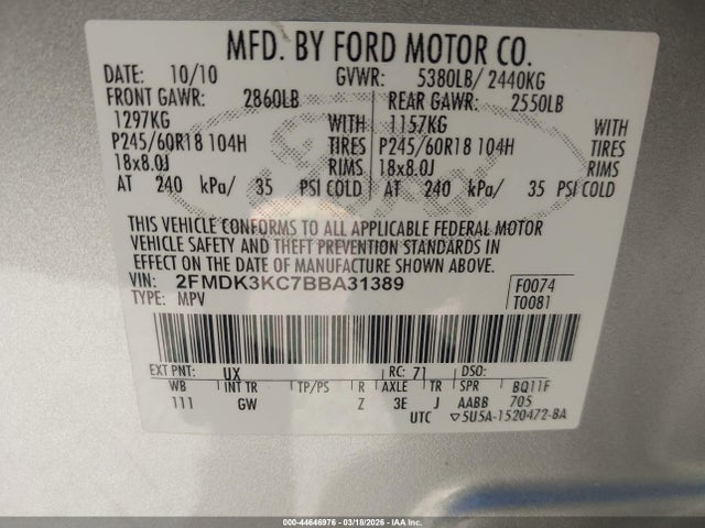 Продаж на аукціоні авто 2011 Ford Edge Limited, vin: 2FMDK3KC7BBA31389, номер лоту: 44646976