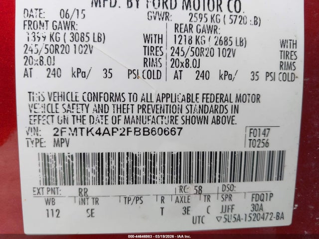 44646983 :رقم المزاد ، 2FMTK4AP2FBB60667 vin ، 2015 Ford Edge Sport مزاد بيع