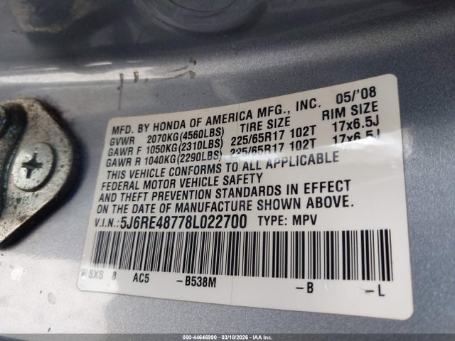 2008 HONDA CR-V 5J6RE48778L022700 Photo 8