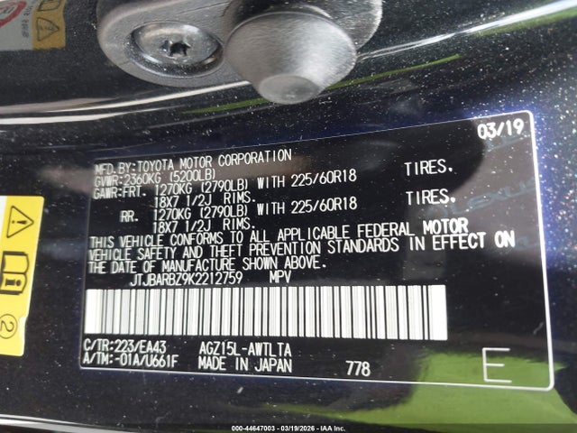 44647003 :رقم المزاد ، JTJBARBZ9K2212759 vin ، 2019 Lexus Nx 300 مزاد بيع