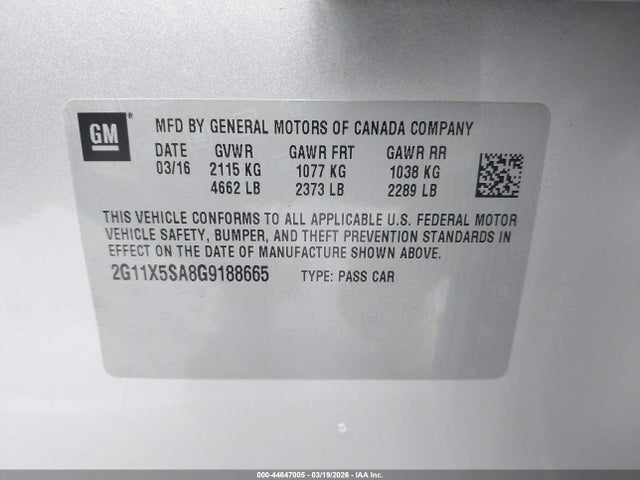 2G11X5SA8G9188665 Chevrolet Impala 1fl