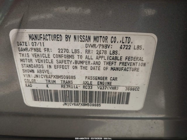 Продажа на аукционе авто 2011 Infiniti G37 Journey, vin: JN1CV6APXBM509685, номер лота: 44647010