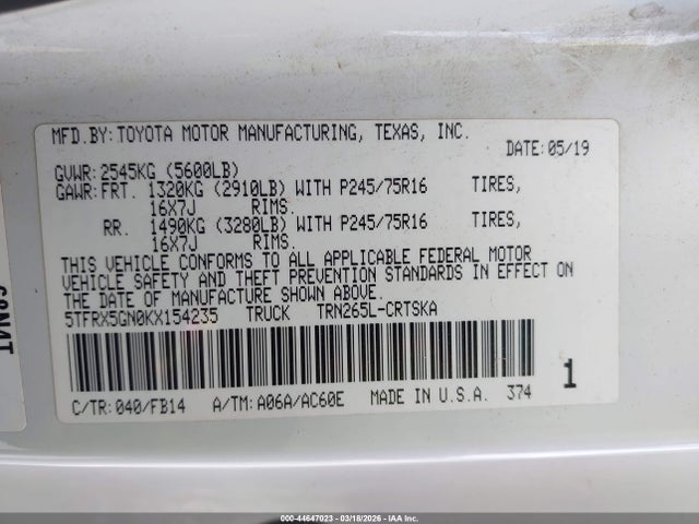 5TFRX5GN0KX154235 Toyota Tacoma Sr5