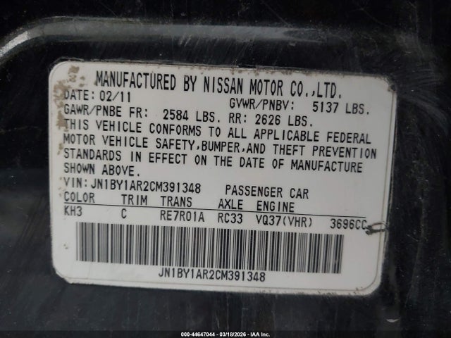 Aukcja sprzedaży 2012 Infiniti M37x, vin: JN1BY1AR2CM391348, numer aukcji: 44647044