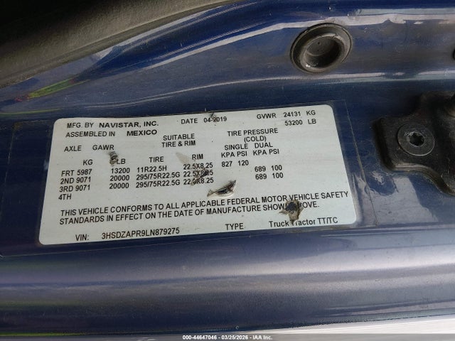 Продаж на аукціоні авто 2020 International Lt, vin: 3HSDZAPR9LN879275, номер лоту: 44647046