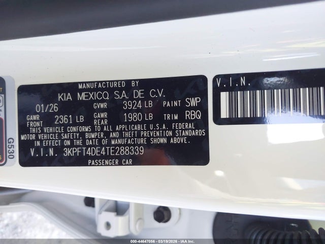 Продаж на аукціоні авто 2026 Kia K4 Lx, vin: 3KPFT4DE4TE288339, номер лоту: 44647056