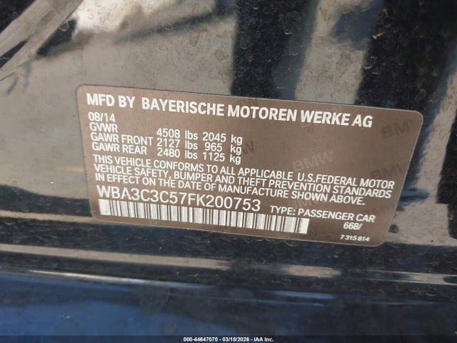 Aukcja sprzedaży 2015 Bmw 320i Xdrive, vin: WBA3C3C57FK200753, numer aukcji: 44647070