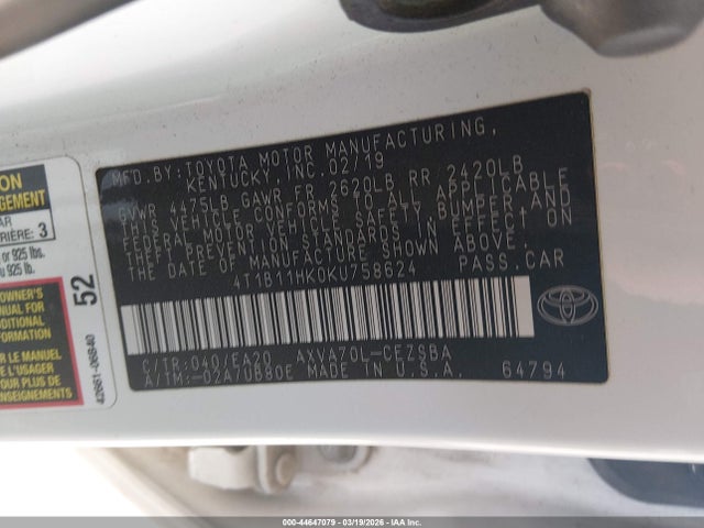 4T1B11HK0KU758624 Toyota CAMRY SE