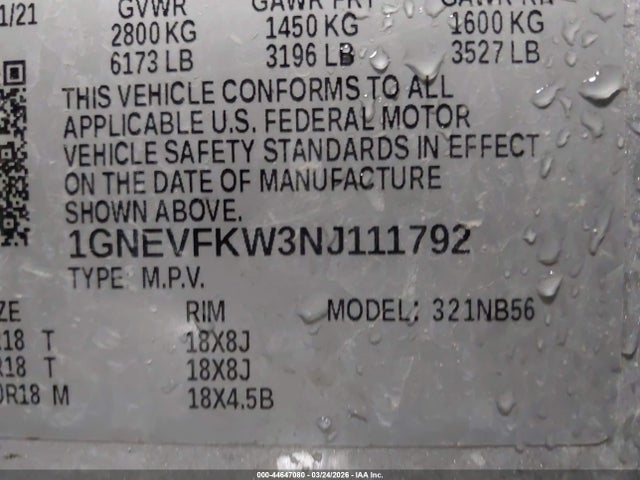 1GNEVFKW3NJ111792 Chevrolet Traverse Awd Ls
