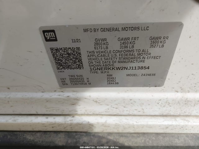 2022 Chevrolet Traverse Fwd Premier მანქანა იყიდება აუქციონზე, vin: 1GNERKKW2NJ113854, აუქციონის ნომერი: 44647101