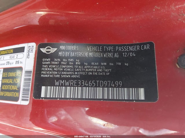 2005 MINI COOPER S WMWRE33465TD97499 Photo 8