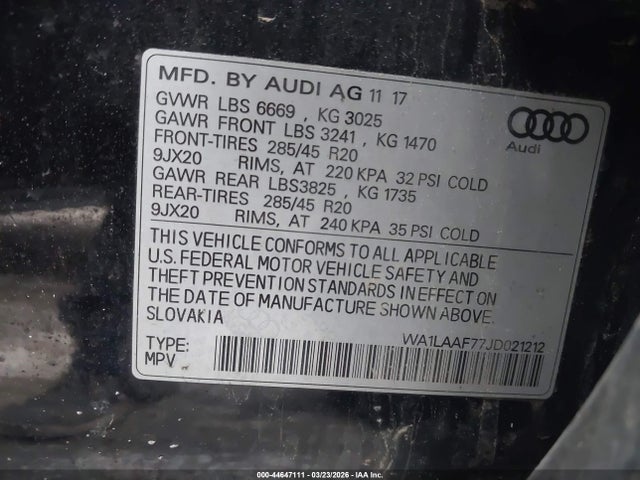 Продаж на аукціоні авто 2018 Audi Q7 3.0t Premium, vin: WA1LAAF77JD021212, номер лоту: 44647111