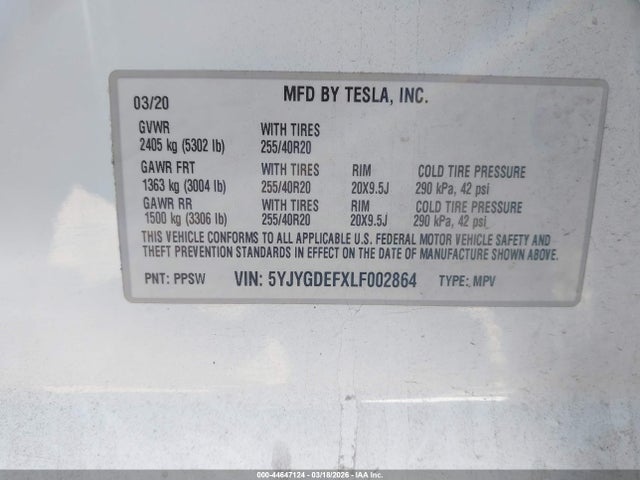 44647124 :رقم المزاد ، 5YJYGDEFXLF002864 vin ، 2020 Tesla Model Y مزاد بيع