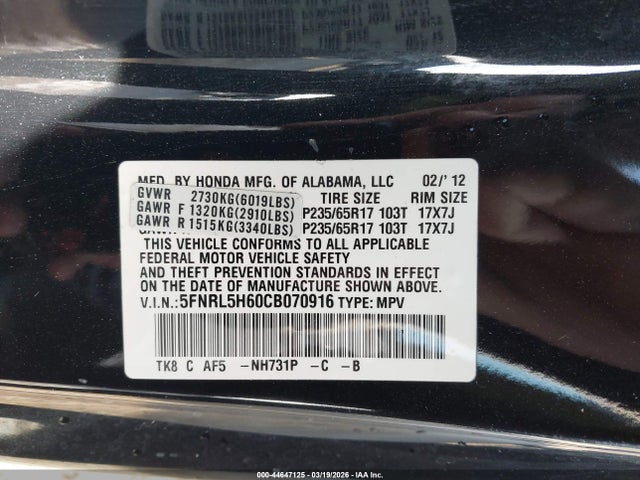 44647125 :رقم المزاد ، 5FNRL5H60CB070916 vin ، 2012 Honda Odyssey Ex-l مزاد بيع