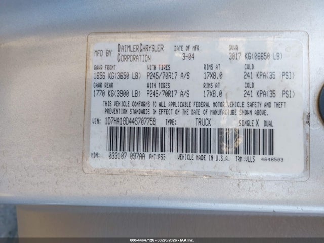 Aukcja sprzedaży 2004 Dodge Ram 1500 Slt/laramie, vin: 1D7HA18D44S707759, numer aukcji: 44647126