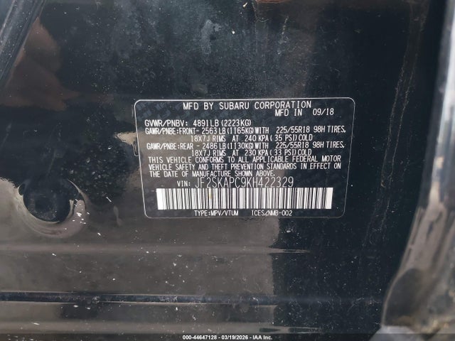 2019 Subaru Forester Sport მანქანა იყიდება აუქციონზე, vin: JF2SKAPC9KH422329, აუქციონის ნომერი: 44647128