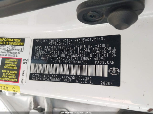 Aukcja sprzedaży 2019 Toyota Camry Se, vin: 4T1B11HKXKU238785, numer aukcji: 44647138