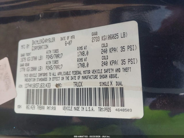 Aukcja sprzedaży 2007 Dodge Ram 1500 St, vin: 1D7HA16K57J631433, numer aukcji: 44647153