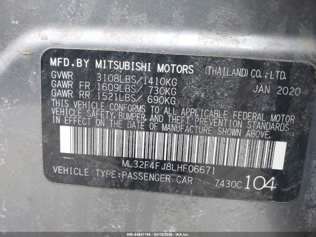 44647158 :رقم المزاد ، ML32F4FJ8LHF06671 vin ، 2020 Mitsubishi Mirage G4 Le مزاد بيع