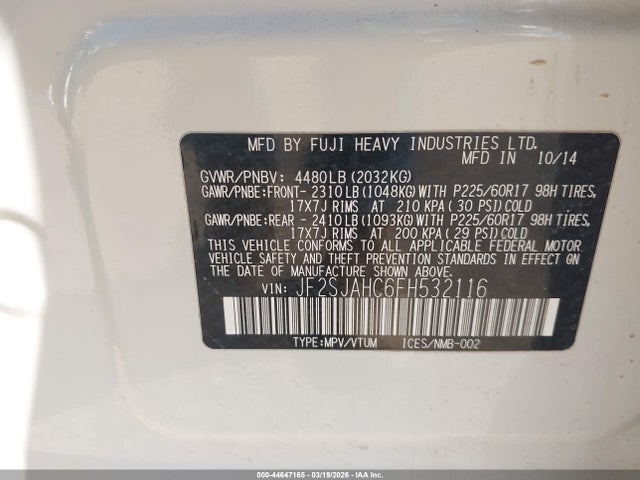 44647165 :رقم المزاد ، JF2SJAHC6FH532116 vin ، 2015 Subaru Forester 2.5i Limited مزاد بيع