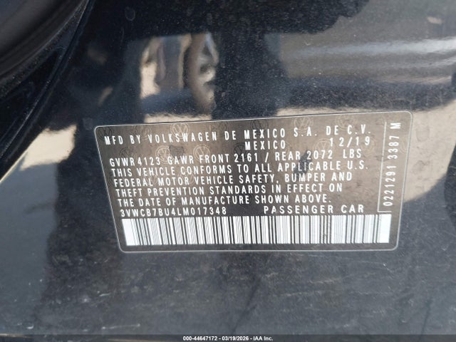 44647172 :رقم المزاد ، 3VWCB7BU4LM017348 vin ، 2020 Volkswagen Jetta 1.4t R-line/1.4t S/1.4t Se مزاد بيع