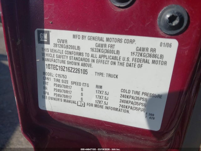 Aukcja sprzedaży 2006 Gmc Sierra 1500 Sle1, vin: 1GTEC19Z16Z226105, numer aukcji: 44647185