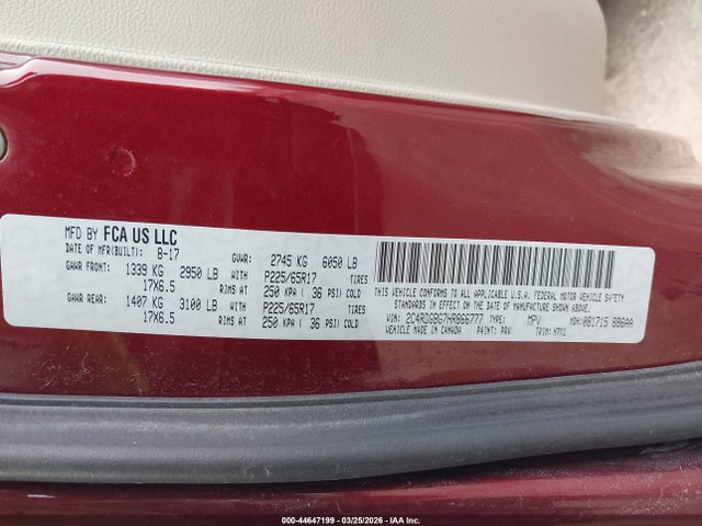 44647199 :رقم المزاد ، 2C4RDGBG7HR866777 vin ، 2017 Dodge Grand Caravan Se مزاد بيع