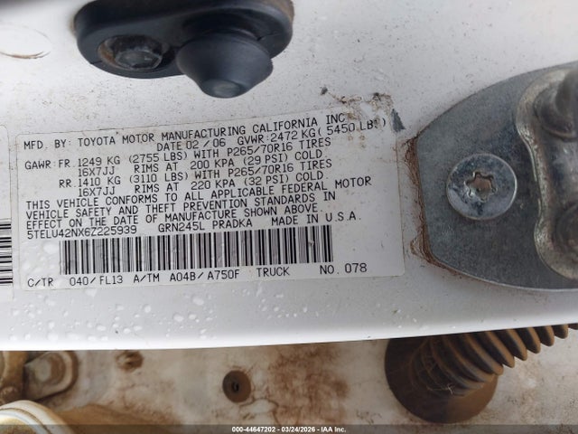 2006 Toyota Tacoma Base V6 მანქანა იყიდება აუქციონზე, vin: 5TELU42NX6Z225939, აუქციონის ნომერი: 44647202