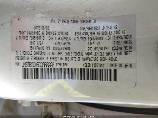 44647212 :رقم المزاد ، JM3TB2CA6C0368928 vin ، 2012 Mazda Cx-9 Touring مزاد بيع