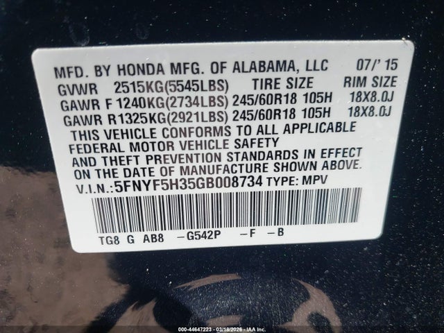 5FNYF5H35GB008734 Honda Pilot Ex