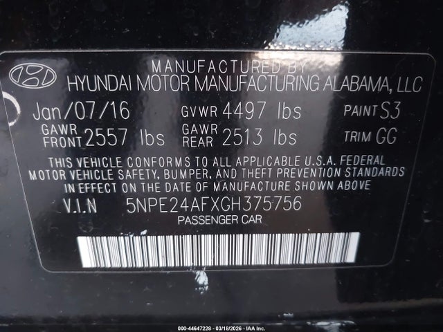 5NPE24AFXGH375756 Hyundai SONATA SE