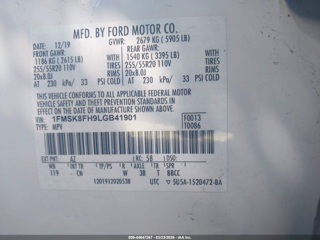Продаж на аукціоні авто 2020 Ford Explorer Limited, vin: 1FMSK8FH9LGB41901, номер лоту: 44647267