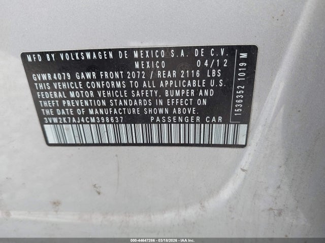Продажа на аукционе авто 2012 Volkswagen Jetta 2.0l S, vin: 3VW2K7AJ4CM398637, номер лота: 44647286