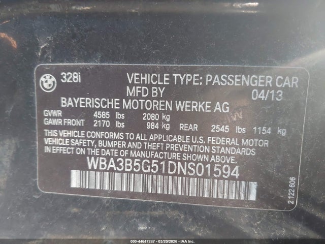 2013 Bmw 328i Xdrive მანქანა იყიდება აუქციონზე, vin: WBA3B5G51DNS01594, აუქციონის ნომერი: 44647287