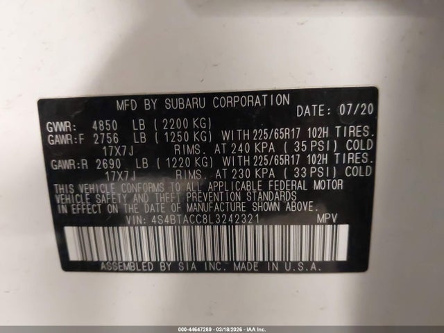 Aukcja sprzedaży 2020 Subaru Outback Premium, vin: 4S4BTACC8L3242321, numer aukcji: 44647289