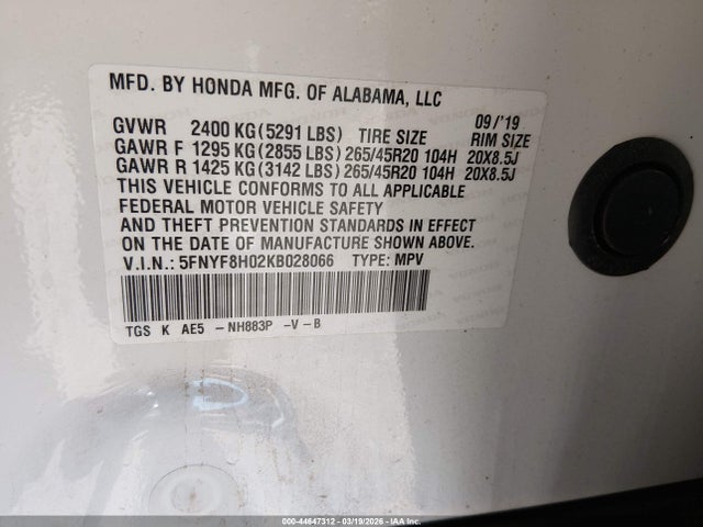 2019 Honda Passport Elite მანქანა იყიდება აუქციონზე, vin: 5FNYF8H02KB028066, აუქციონის ნომერი: 44647312