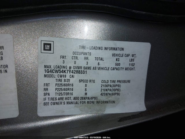 44647313 :رقم المزاد ، 1G4CW54K7Y4288331 vin ، 2000 Buick Park Avenue مزاد بيع