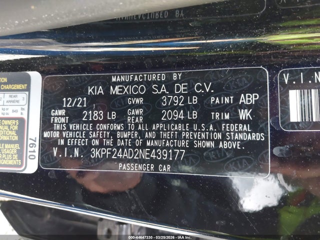 Aukcja sprzedaży 2022 Kia Forte Lxs, vin: 3KPF24AD2NE439177, numer aukcji: 44647330
