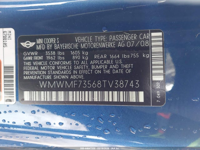 2008 MINI COOPER S WMWMF73568TV38743 Photo 8