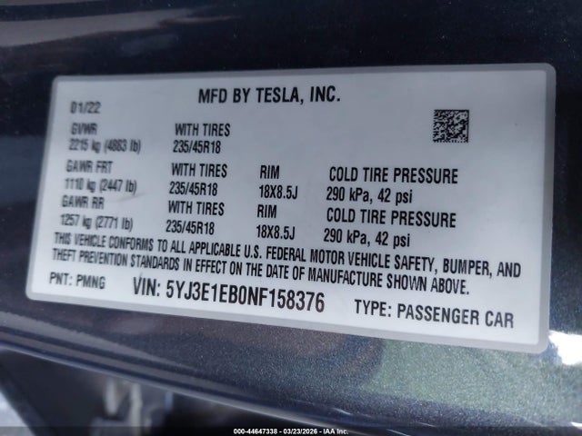 2022 TESLA MODEL 3 5YJ3E1EB0NF158376 Photo 8
