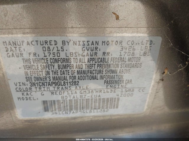 3N1CN7AP9GL811282 Nissan Versa 1.6 S/1.6 S+/1.6 Sl/1.6 Sv
