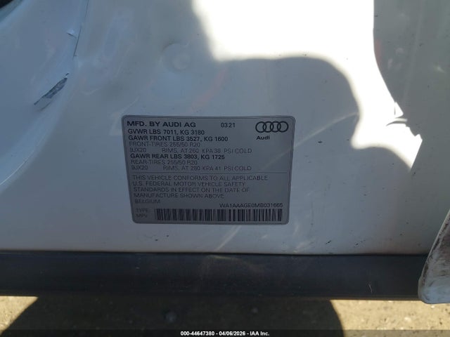 Aukcja sprzedaży 2021 Audi E-tron Premium Quattro, vin: WA1AAAGE0MB031665, numer aukcji: 44647380