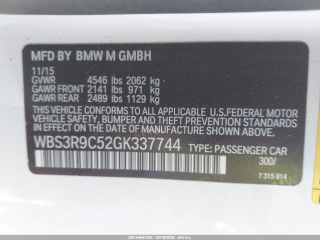 44647382 :رقم المزاد ، WBS3R9C52GK337744 vin ، 2016 Bmw M4 مزاد بيع
