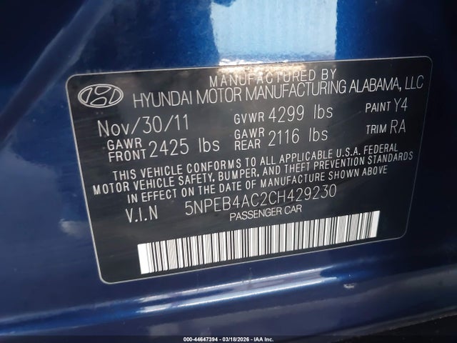 2012 Hyundai Sonata Gls მანქანა იყიდება აუქციონზე, vin: 5NPEB4AC2CH429230, აუქციონის ნომერი: 44647394