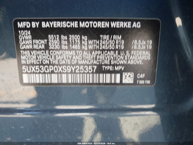Продаж на аукціоні авто 2025 Bmw X3 30 Xdrive, vin: 5UX53GP0XS9Y25357, номер лоту: 44647424